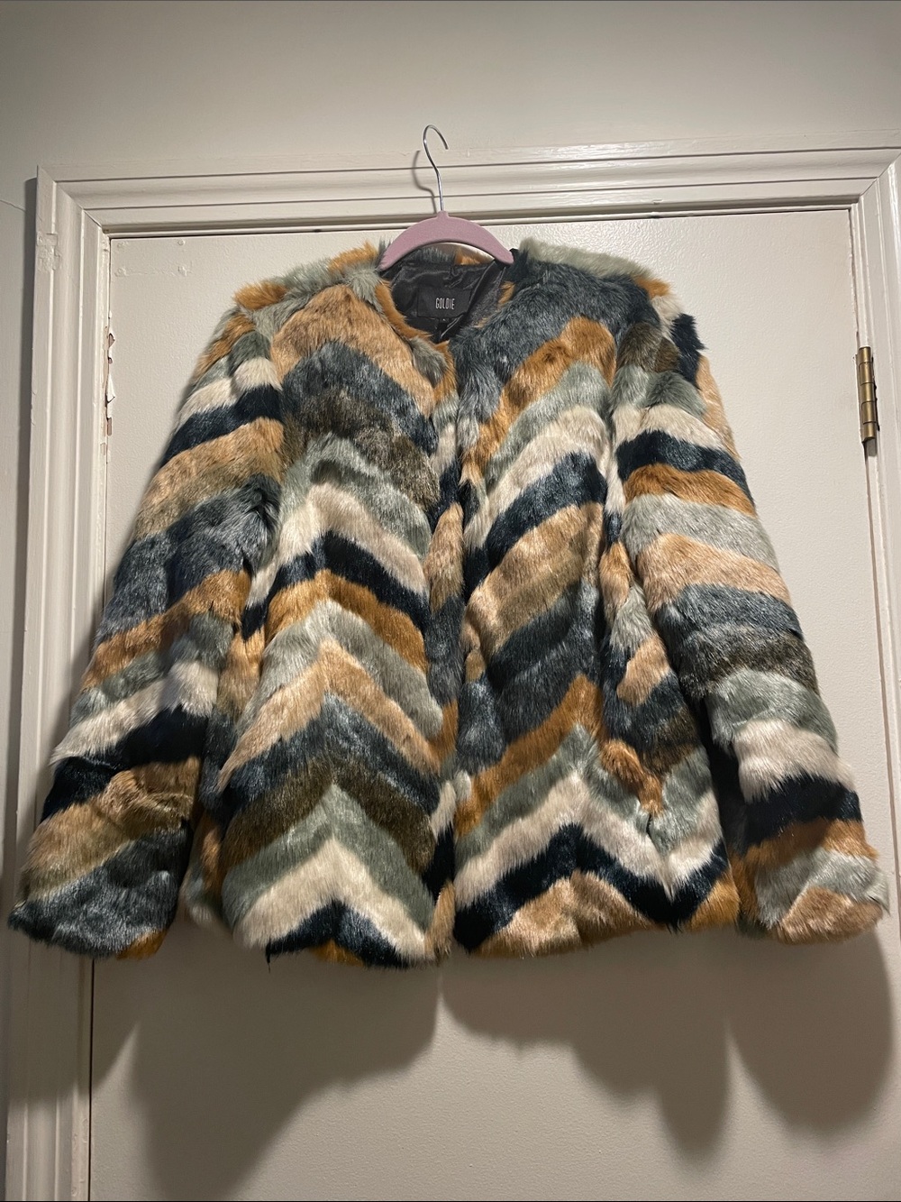 Goldie Multicolor Chevron Faux Fur Jacket in Green, Tan, Cream, Black